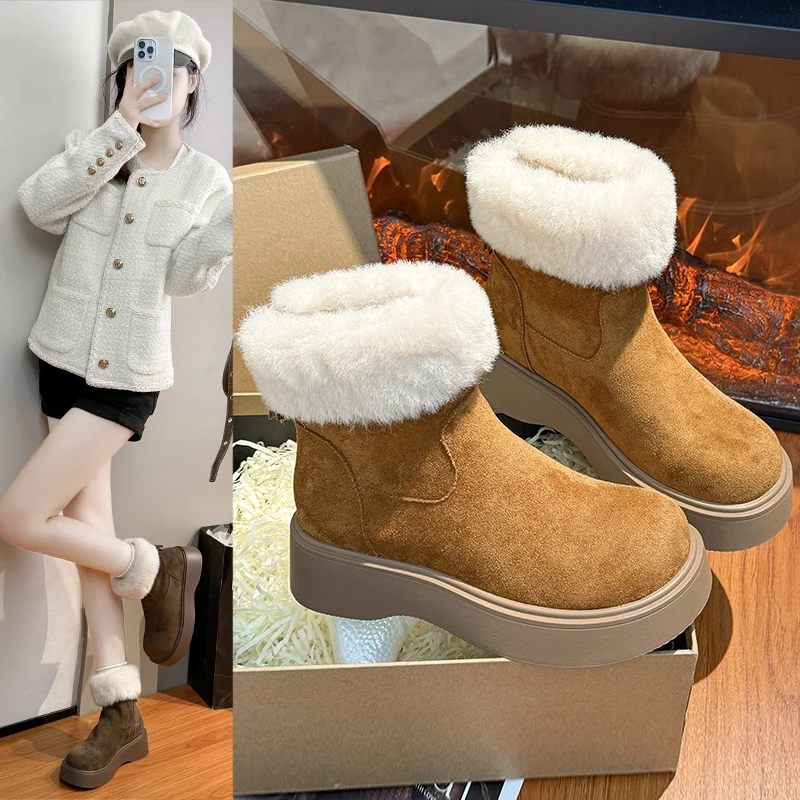 

2025 New Comfort Chunky Platform Furry Snow Boots Women Winter Fluffy Fur Thick Bottom Suede Ankle Boots Warm Plush Casual Shoes