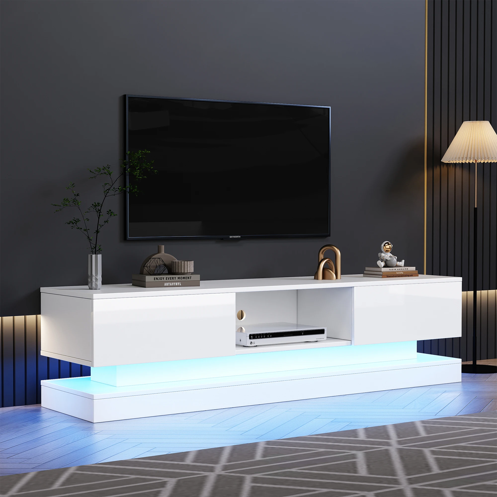 Meuble TV bas avec 2 tiroirs LED, finition brillante, adapté pour téléviseur 60 pouces, blanc