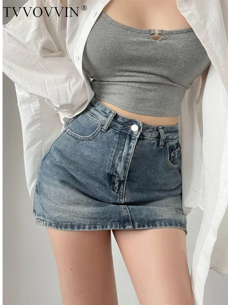 

TVVOVVIN 2023 Spring/Summer New Women's Sexy Spicy Girl Small Split Fake Two Piece Fashion Slim Wrapped Hip Denim Skirt NITS