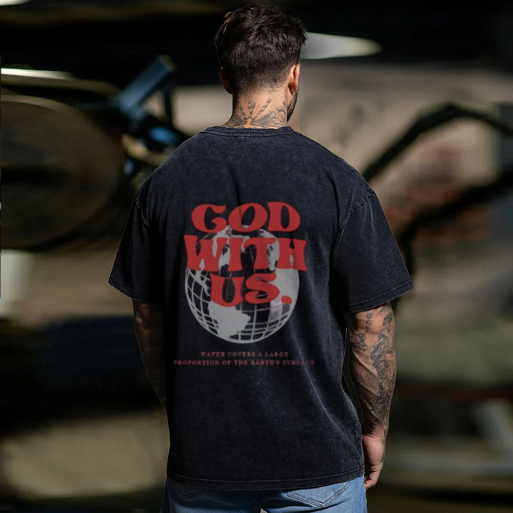 

2024 New Style Men's Washed Cotton Short Sleeve T-Shirt Harajuku Y2K Print Loose Casual Top Breathable Comfort