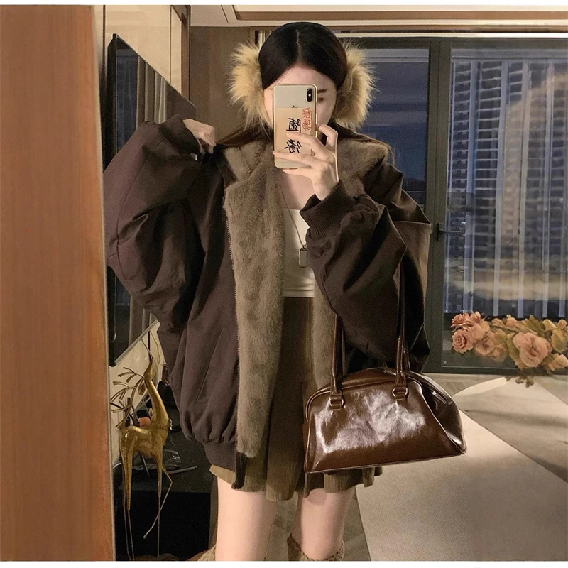 Plus Velvet Thick Warm Winter Double Sided Wearable Parka Coats Fleece Hooded Casual All-match Loose Women Cotton Padded Jackets