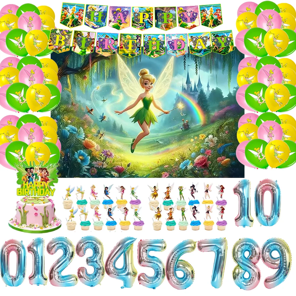 ديزني تينكر بيل موضوع حفلة عيد ميلاد زينة خلفية الكرتون الجنية الجان بالون كعكة توبر لوازم استحمام الطفل الدعائم