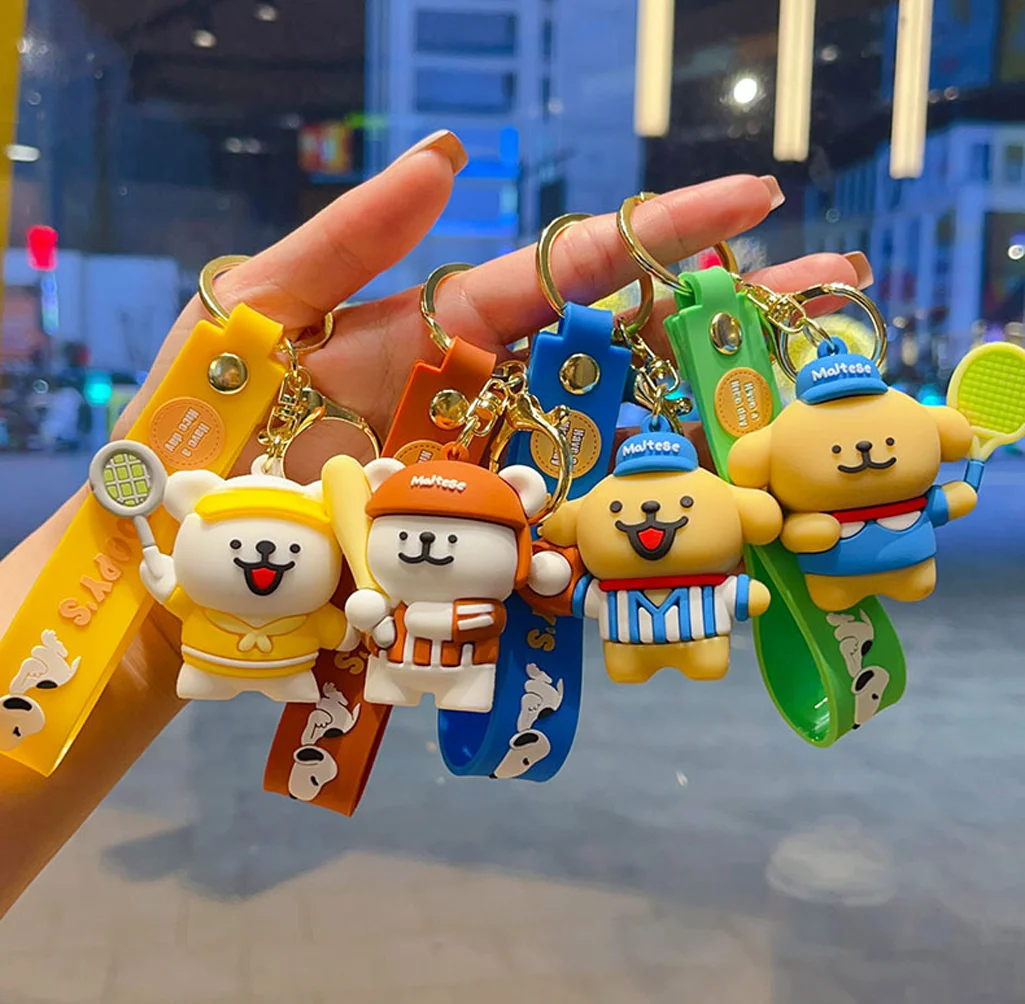 

Line Friends Maltese Dog Sports Keychain Set, 3D Cartoon Figure Key Ring Pendant, Cute Bag Car Charm Gift for Dog Fans