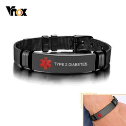 Vnox-Personalizado Gravar Medical Alert ID Pulseiras para Homens, Aço Inoxidável Masculino Pulseira Jóias, Comprimento Ajustável, Preto
