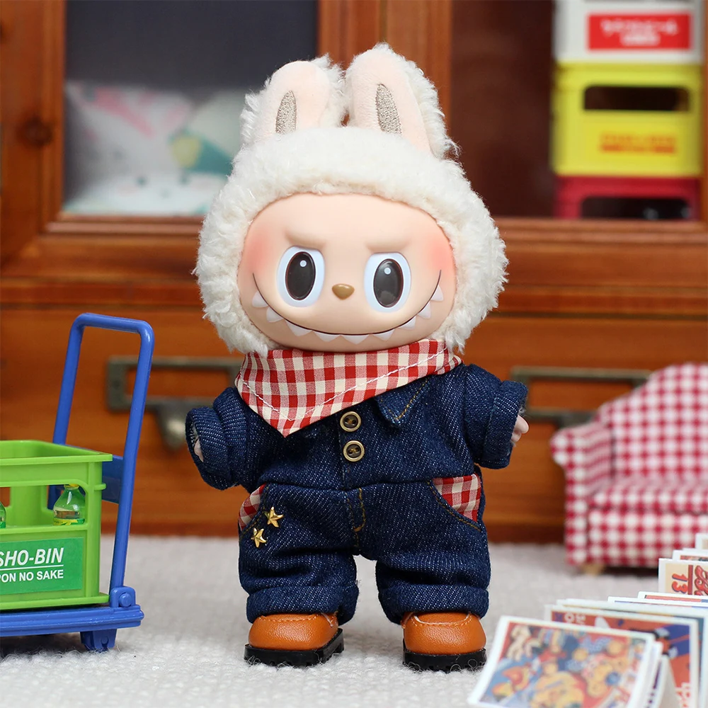 For Labubu Western Cowboy Jumpsuit with Hat Set for Labubu V1/V2 Outfit Cute Doll Clothes Accessories Trendy Gift