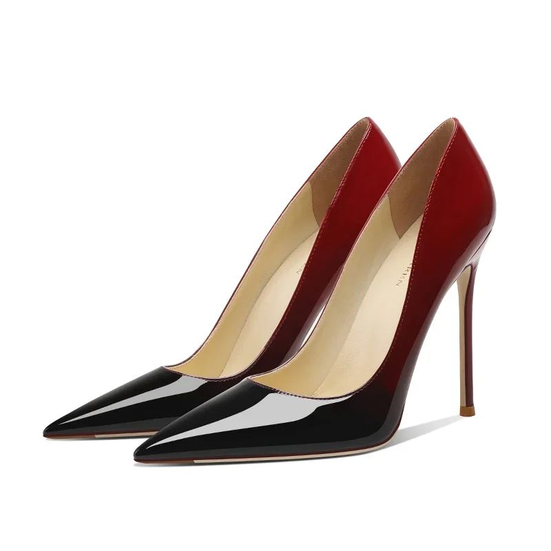 

Fashionable new patent leather black red gradient high heels, women's slim heels, sexy pointed temperament