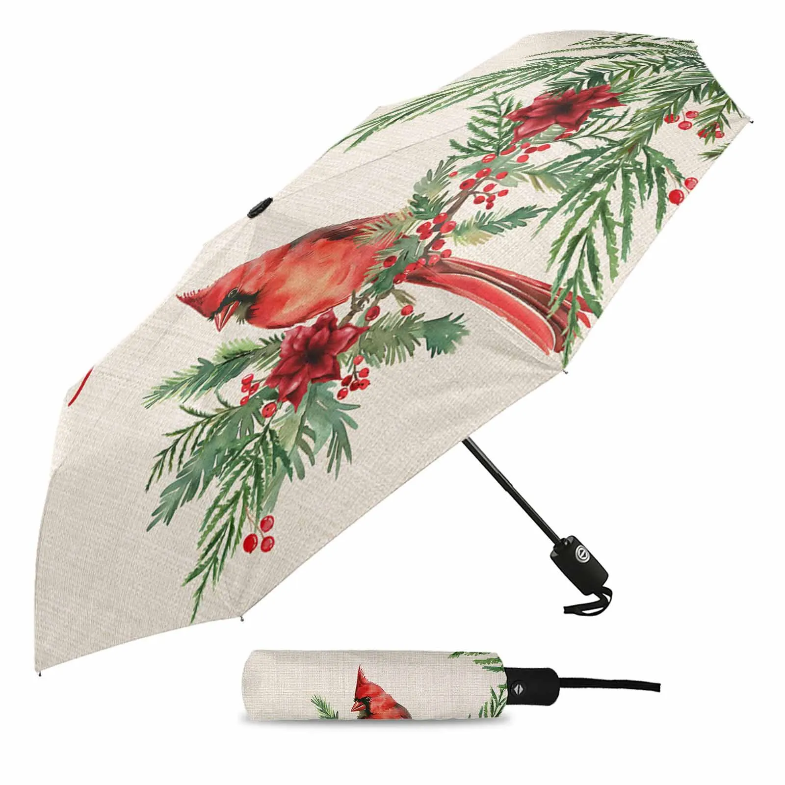 Christmas Berry Plants Cardinals Flower Automatic Umbrella for Rain Foldable Parasol Umbrella Eight strand Outdoor Umbrellas