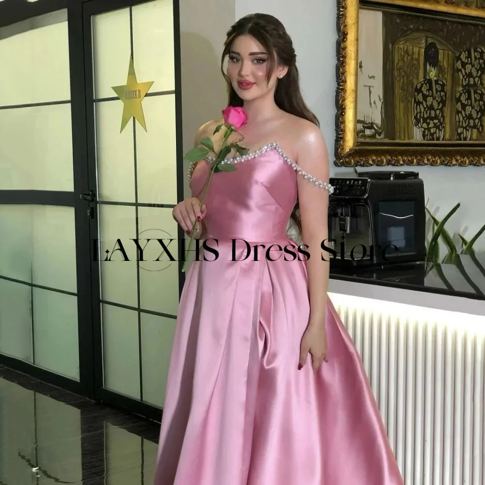 

LAYXHS Beaded Spaghetti-Straps Evening Dresses Pink A-Line Pleat Prom Dresses Customized فساتين سهرة