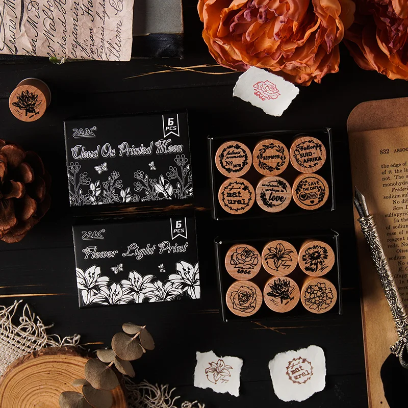 6 pcs Cartoon Text Flowers Week Wooden Rubber Stamp Scrapbooking Deco DIY Craft Standard Wooden Stamps Set