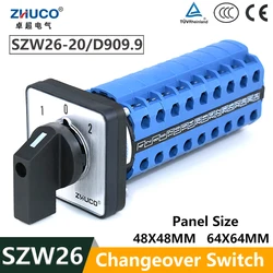 ZHUCO SZW26/LW26-20 3 Position 9 Poles 36 Terminals 20A Transfer Changeover Cam Universal Selector Switch 64X64 48X48 mm Panel