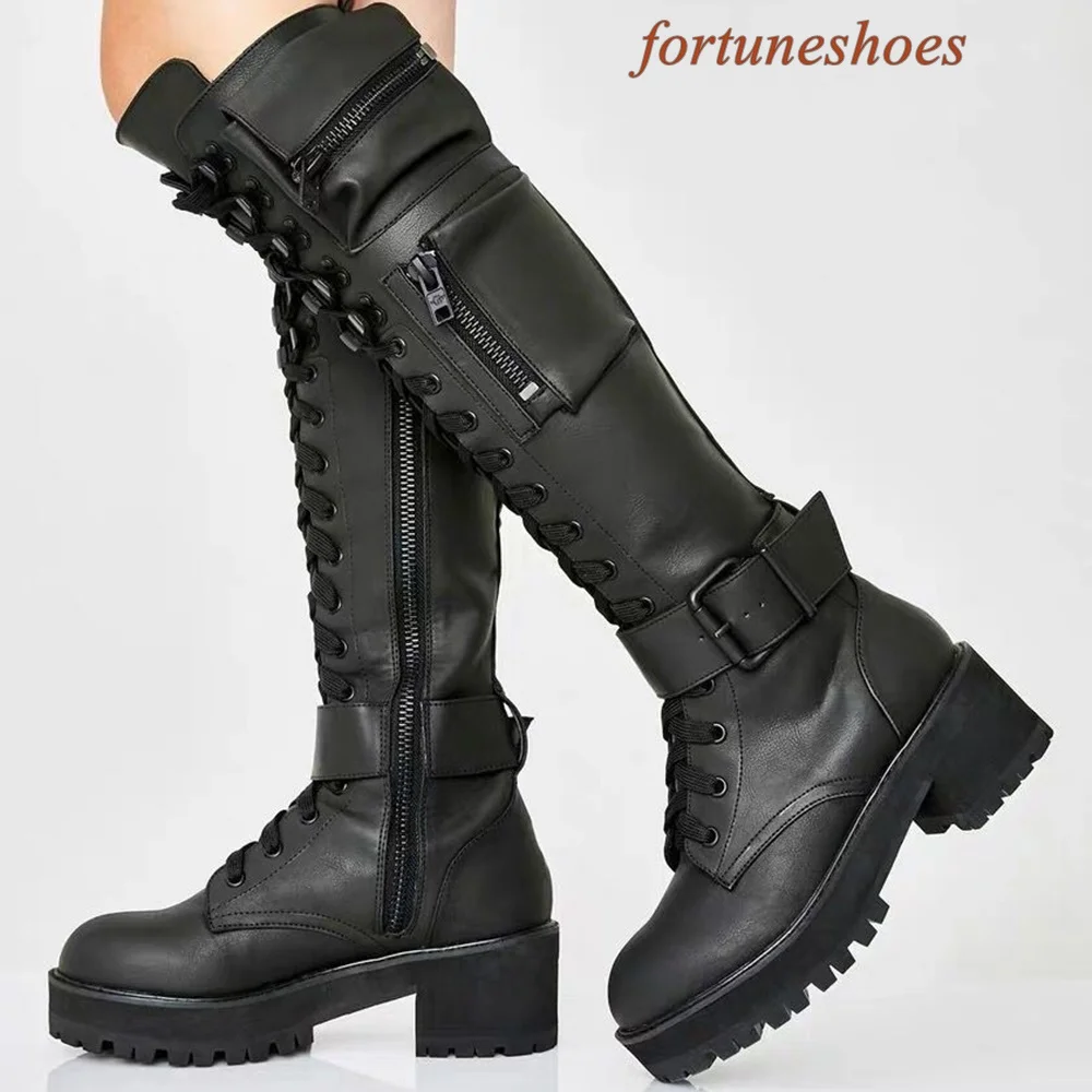 Pocket Side Zipper Round Toe Boots Sewing Metal Decoration Women Boots Chunky Heel Knee High Fashion 2024 Newest Casual Boots