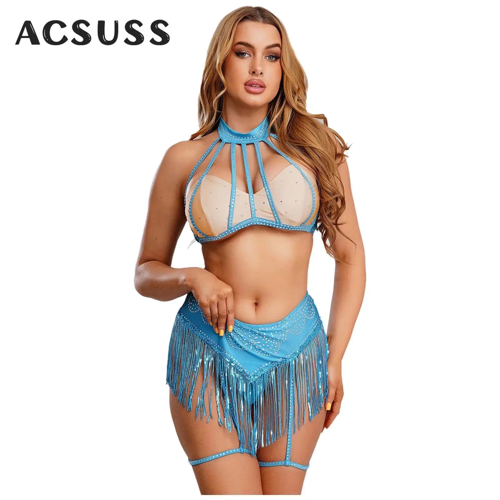 여성 벨리댄스 의상 섹시 클럽웨어 라인스톤 홀터 케이지 크롭탑 태슬 브리프 가터 허벅지 밴드 카니발 파티용
