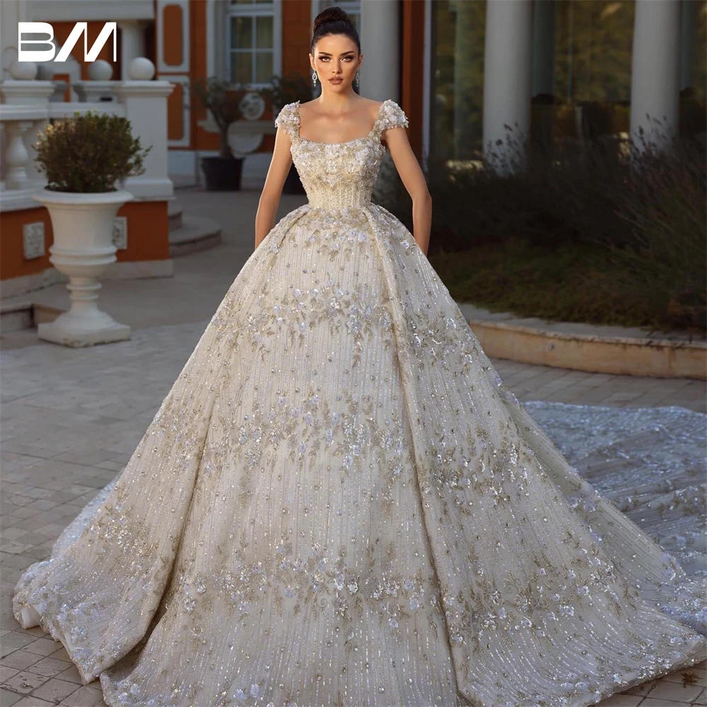 

BRLMALL Ball Gown Square Neck Satin Tulle Wedding Dresses For Women With Luxury Beads And Rhinestones