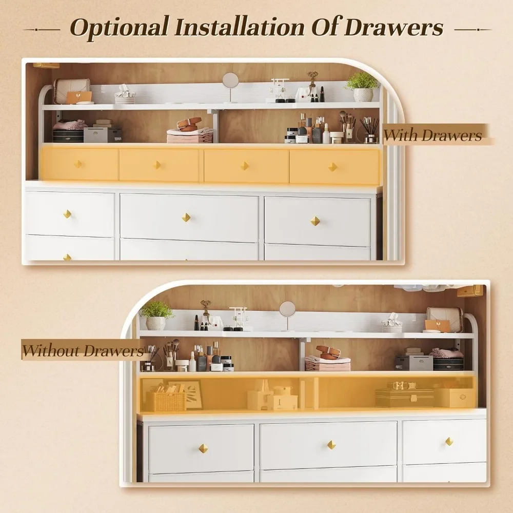 Cômoda com 13 gavetas e luzes LED, cômodas e cômodas longas, gaveta e prateleiras de tecido, cômoda de quarto