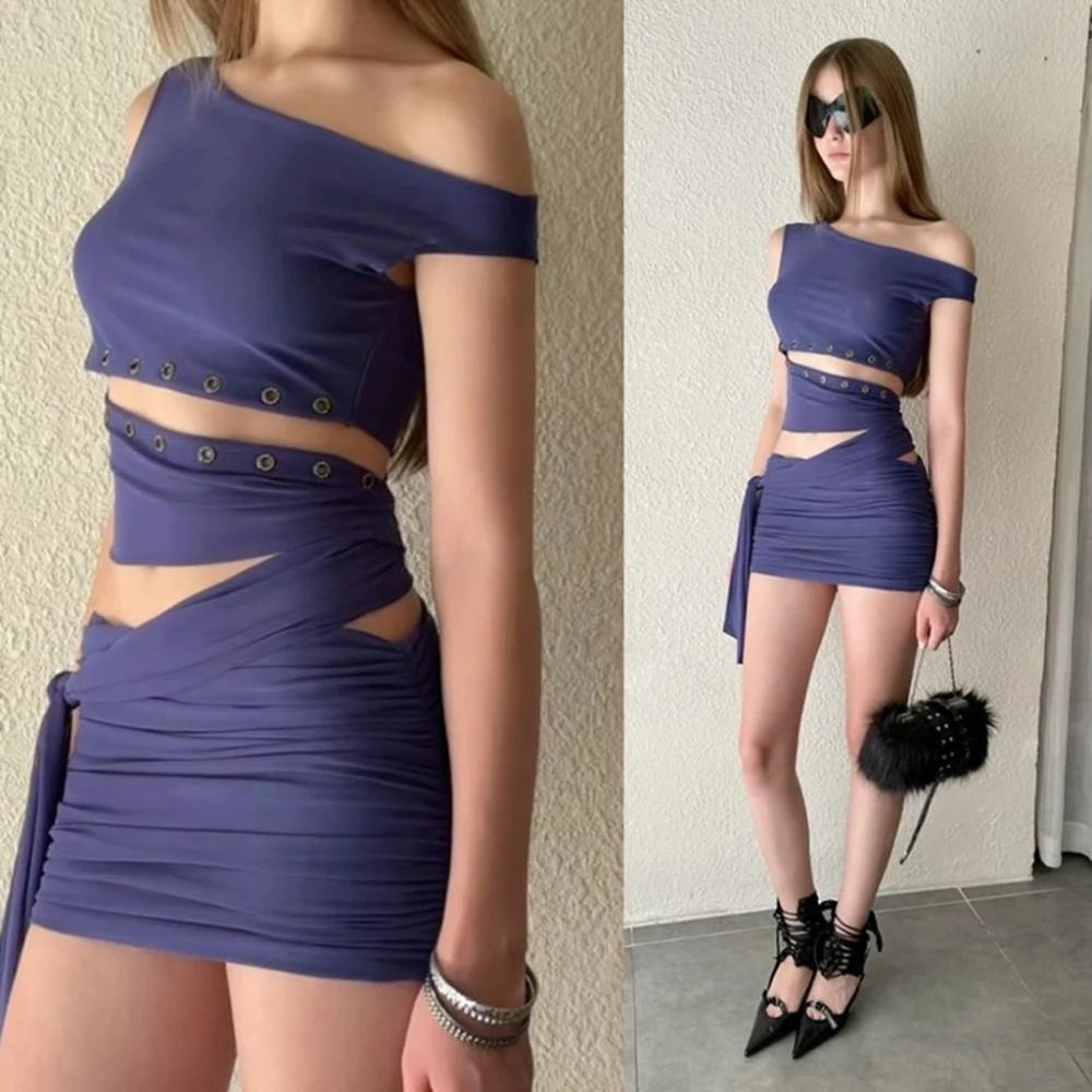 SylCue Sexy Mode 2-teiliges Set Frau Skew Kragen Off Schulter Unregelmäßige Crop Tops + Mini Röcke Heiße Mädchen Straße wilden Stil Anzüge