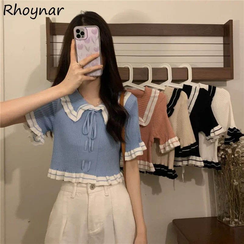 

Cropped Pullovers Women Peter Pan Collar Ruffles Knitted Comfortable Lace-up Fashion Korean Style Casual All-match Daily Chic