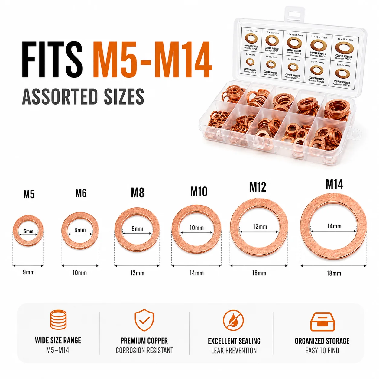 

Assorted Size Copper Washer Set 200pcs M5-M14 Gaskets for Sump Plugs Home Hardware Fasteners