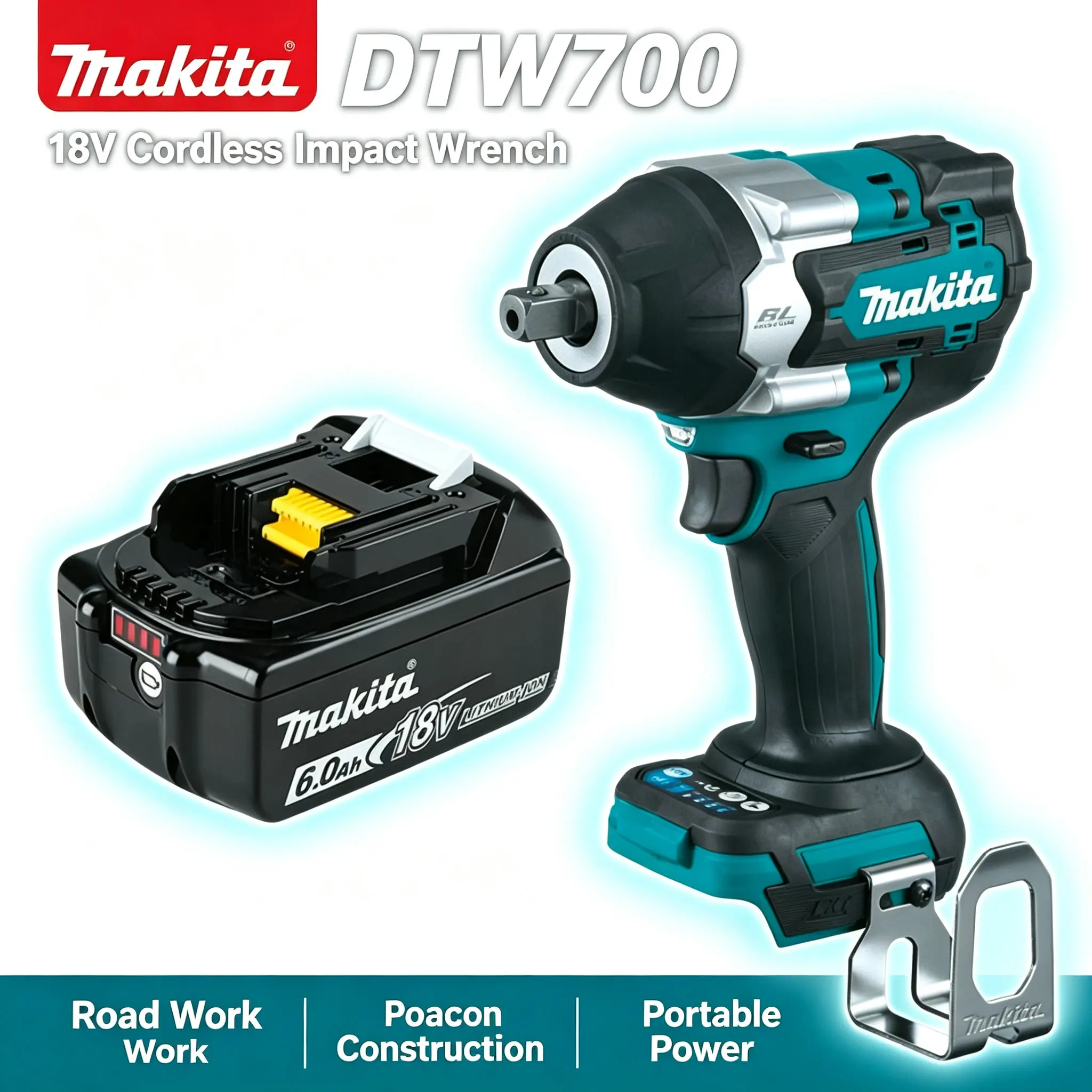 Avvitatore a impulsi a batteria Makita DTW700, motore brushless da 18 V, coppia elevata di 1000 Nm, velocità variabile, arresto automatico, utensile da officina.