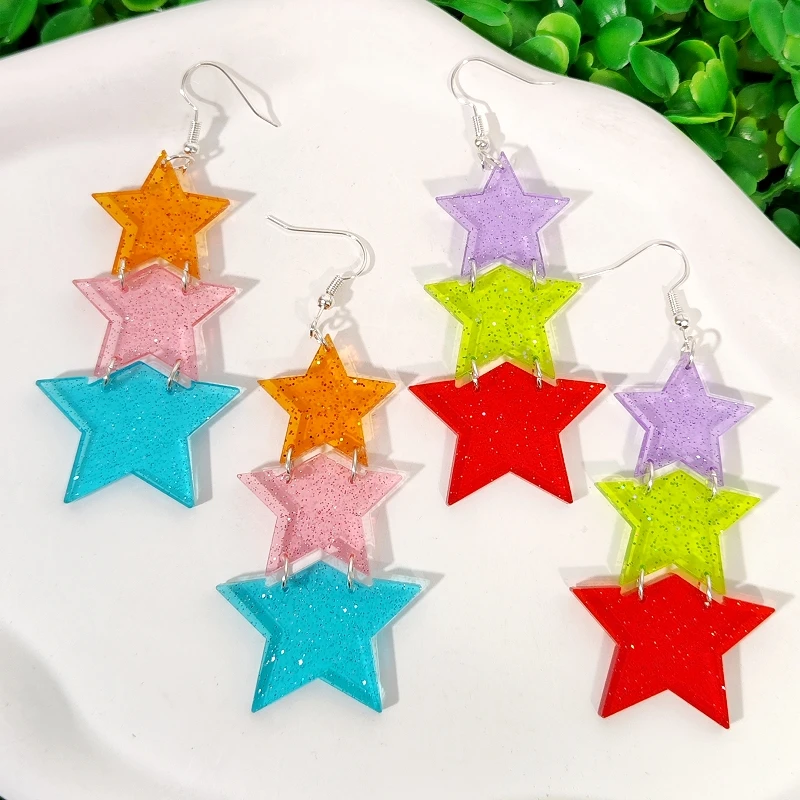 KUGUYS New Colorful Tassel Star Drop Earrings for Women Fashion Jewelry Star Long Earrings Clear Glitter Acrylic Accessorie Gift