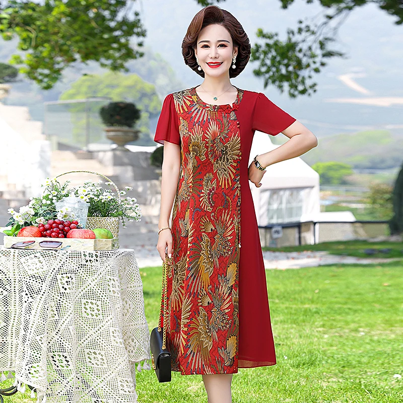 Elegant Patchwork Short Sleeve A-line Knee-length Dress For Women Causal O Neck Summer Dress Female  Clothing Vestidos