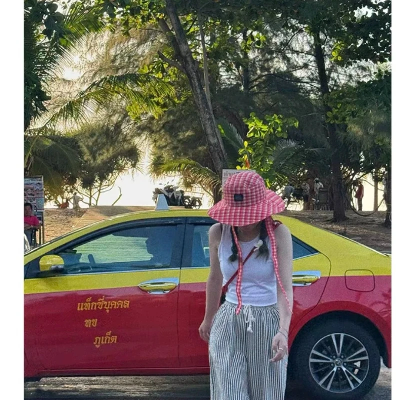 Ins Blogger Retro Plaid Tie Strap Bucket Hat Women Summer Travel Versatile Fisherman Hat Girls Fashion Popular Wide Brim Sun Cap