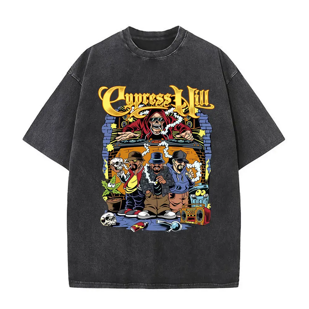 

Rapper Cypress Hill Vintage Washed T Shirt Skeleton Graphic T-shirt Men Hip Hop Cartoon Retro Tshirt Male Fashion Trend T-shirts