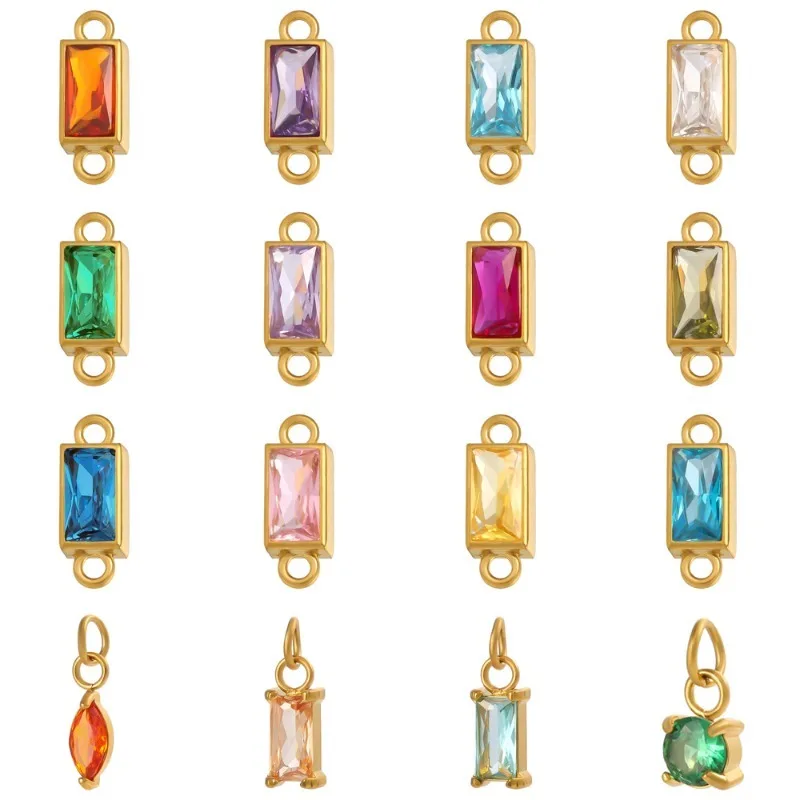 Multi‑color Baguette CZ Link Charms Gold‑plated Stainless Steel Connector Pendants for Handmade Jewelry DIY Accessories