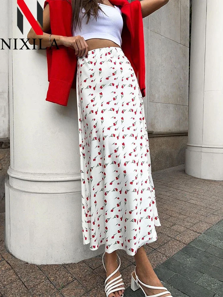 

Women's Summer Skirt Fragmented Flowers A-line Skirt Midi High-waisted Printing Vintage Elegant White Long Skirts for Women 2024