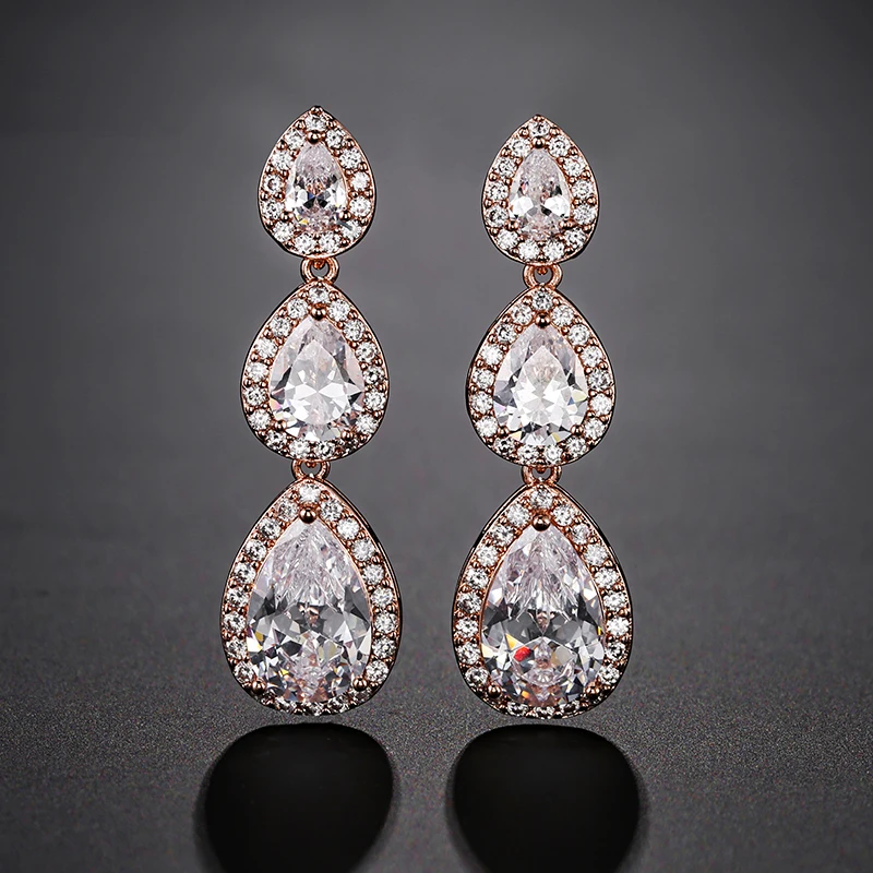 ZAKOL Classic 3 Pcs Big Water Drop Zircon Long Dangle Earrings for Women Elegant Wedding Party Jewelry