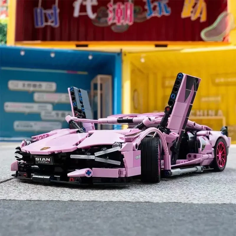 1280PCS Technical 1:14 Pink Lambo Super Sports Car Building Blocks MOC City Speed Vehicle Assemble Bricks Toys For Kids Boys