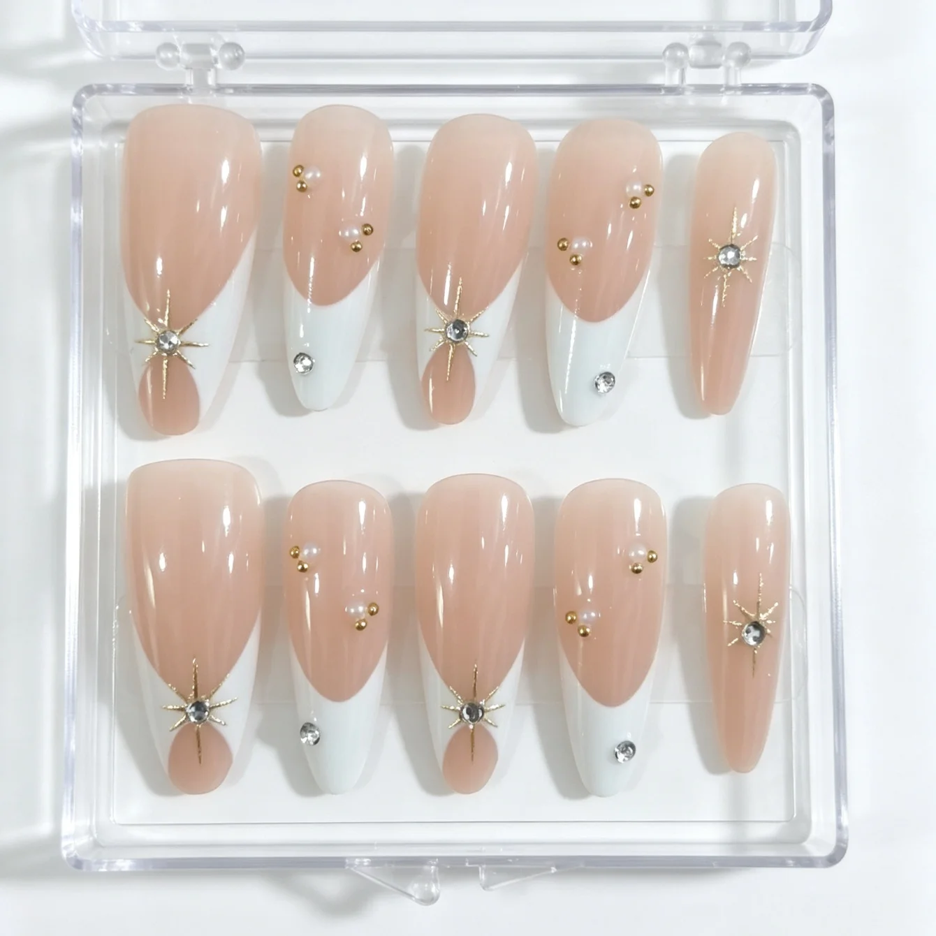10 pièces de faux ongles en forme d'amande pressés à la main, magnifiques faux ongles, diamants octogonaux français, adaptés aux femmes.
