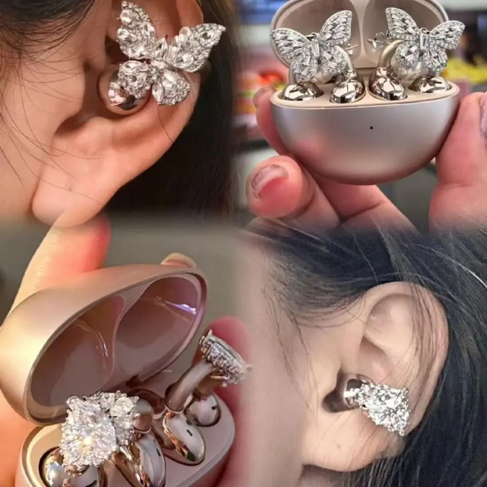 Exquisite Flash Rhinestone Ear-Clip Earphone Charms Tassel Butterfly Earrings Ear Jewelry Transparent Wings Ear Clip Women