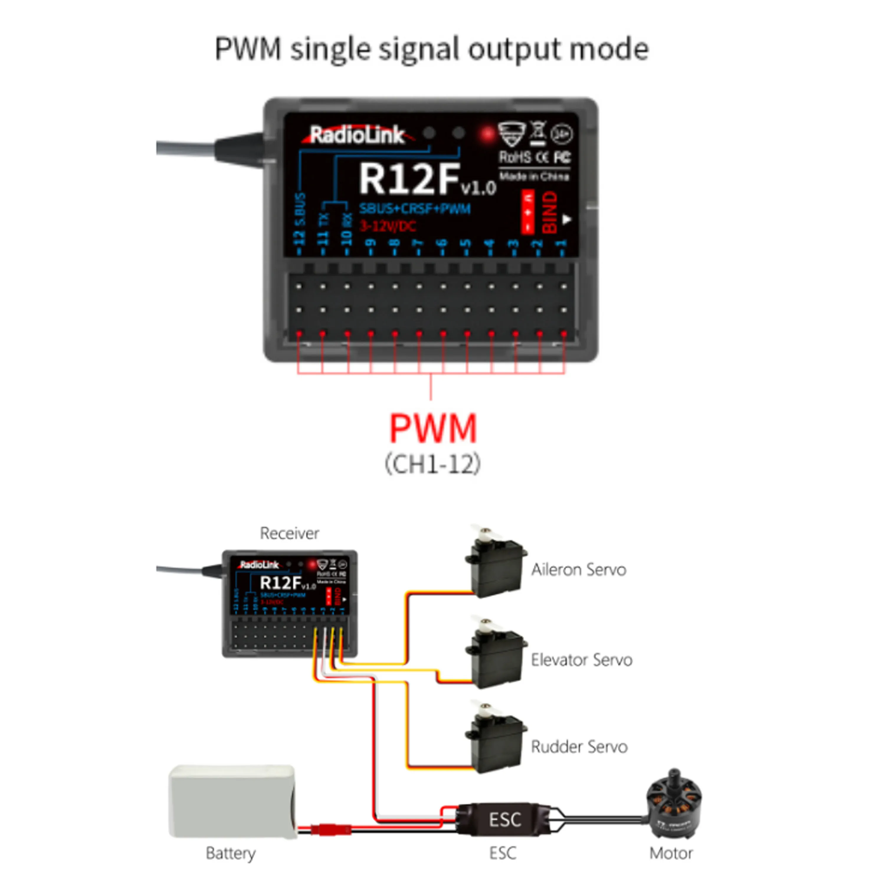 Radiolink R12F 12 Channel 2.4G Receiver Built-in Simulator Program with Voltage Transmission & Telemetry for RC Plane Car Parts