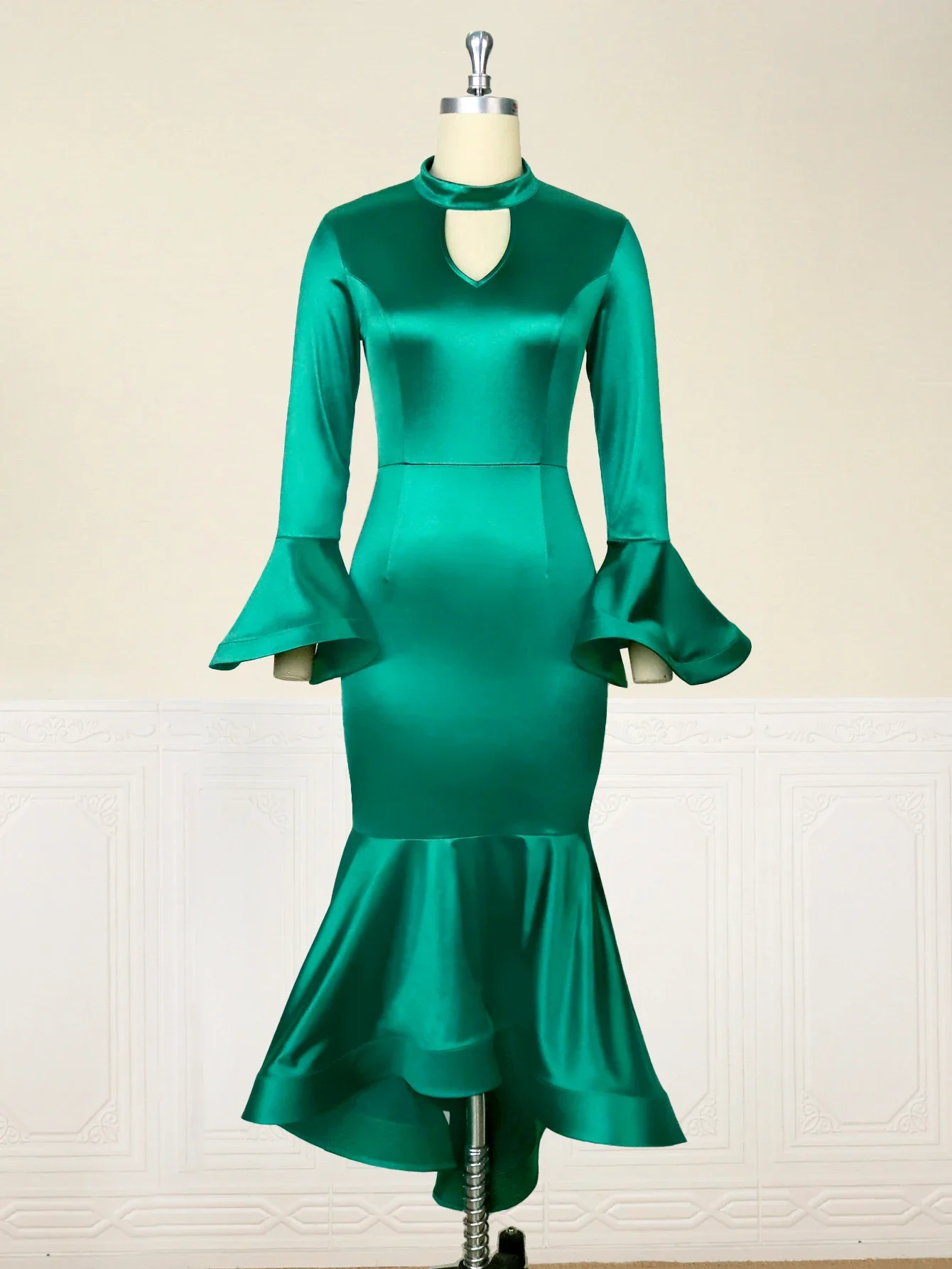 Green Satin Dresses V Neck Cut Out Long Flare Sleeve Boydcon Irregular Ruffles Mermaid Evening Cocktail Party Outfits for Women