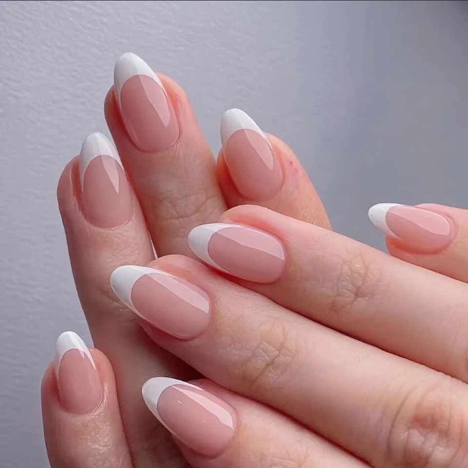 120/240/360 piezas en caja, puntas de gel rosa francés brillantes, almendra mediana, blancas, simples, uñas postizas de gran capacidad 2