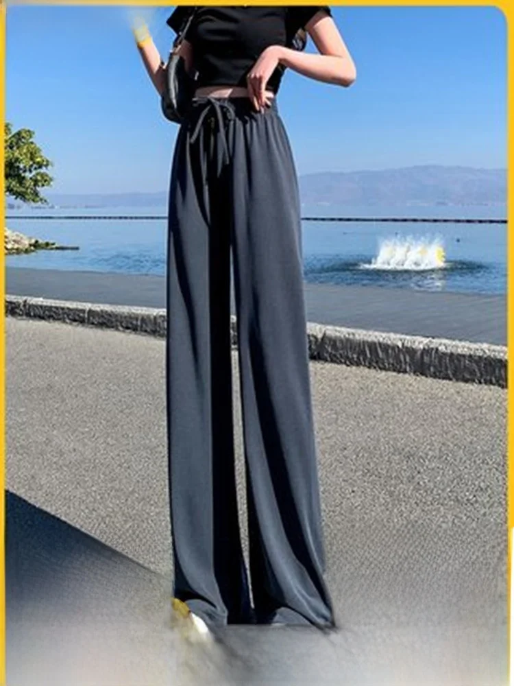 

Ice Silk Wide Leg Pants Women Summer Thin High Waist Drape Straight Casual Copper Ammonia Thread Floor-Length Pants
