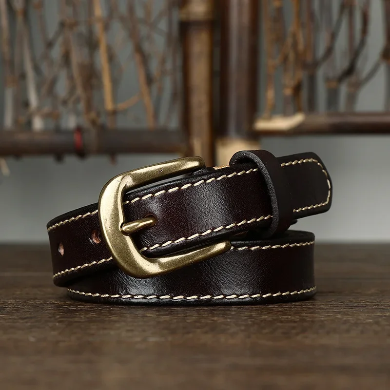 2.4CM Wide Korean Style Leather Belt for Women Brass Buckle Double Suture Lines Decorative Thin Strap Versatile Ladies Belts