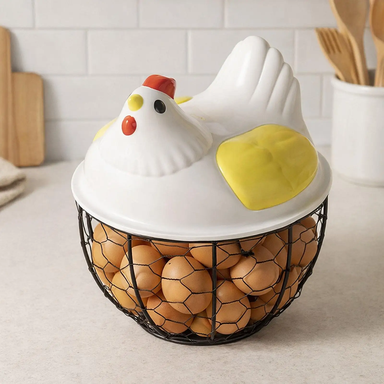 Rustic Chicken Egg Basket Farmhouse Style Metal Wire Storage Organizer for Kitchen and Fresh Eggs