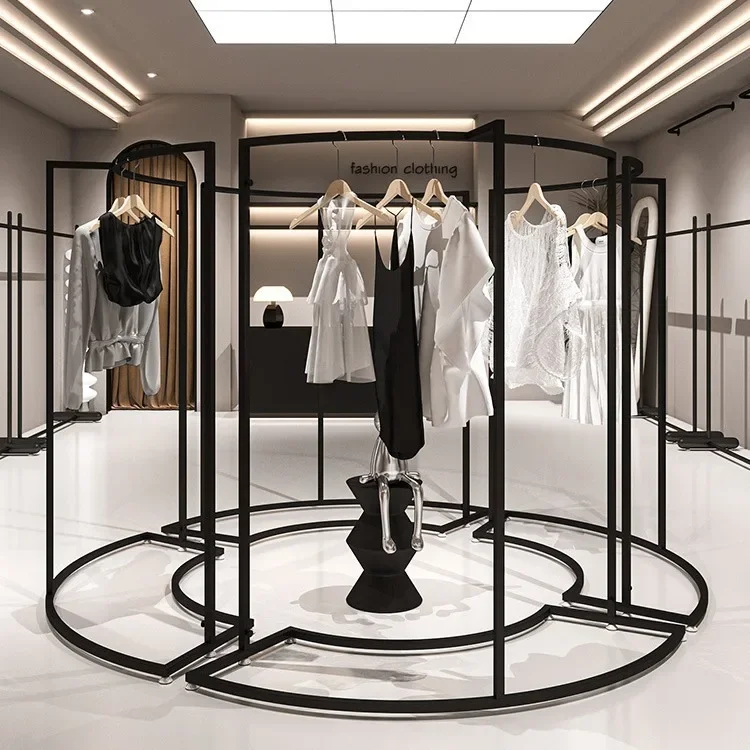 Clothing store curved middle island shelf with wrought iron black display rack in the middle, combined women's clothing