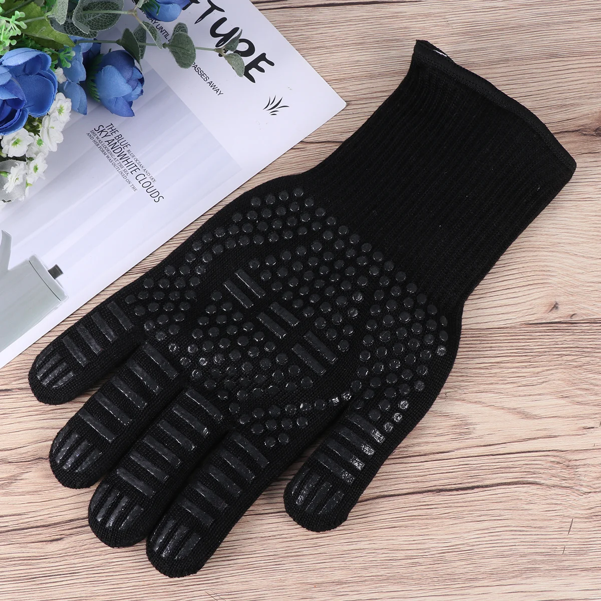 

Heat Resistant Gloves Blue Premium Fiber Five Finger Oven Mitt Flexible Kitchen Bbq Grilling Pot Holder Non-Slip Cooking Gloves
