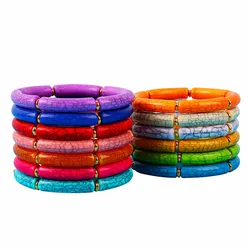Bohemain Elastic Bamboo Thin Acrylic Stackable Bracelets for Women Crack Texture Elbow Tube Resin Beads Bracelet Bangle Jewelry