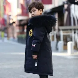 Boys' Winter Cotton Coat New Autumn and Winter Teenage Children's Thicken Long Jackets Down Hooded Wool Collar Jacket