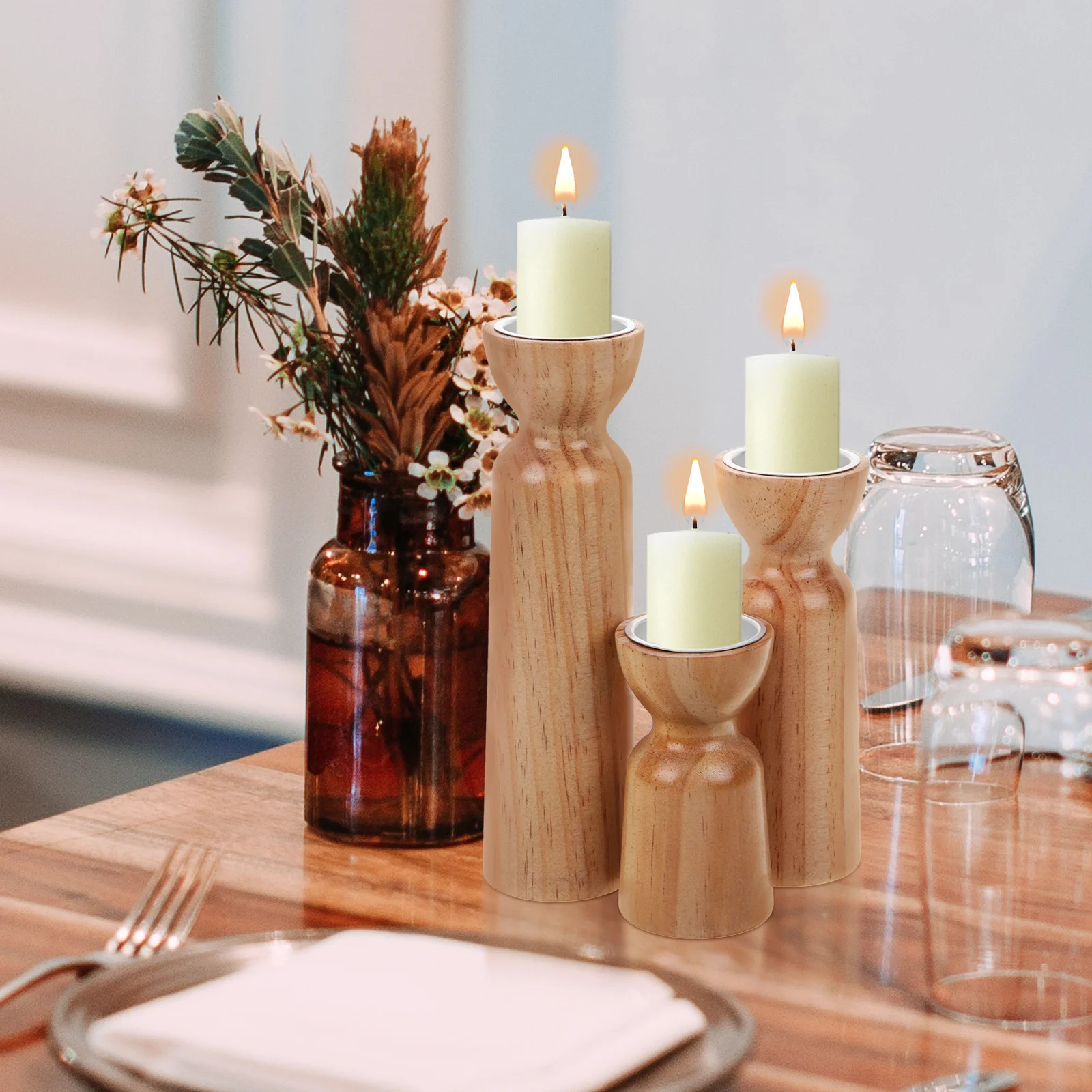3 قطعة حامل ريترو خشبي Tealight تقف لديكور الطاولة ريفي المنزل حفل زفاف عيد الميلاد هدية عيد الحب