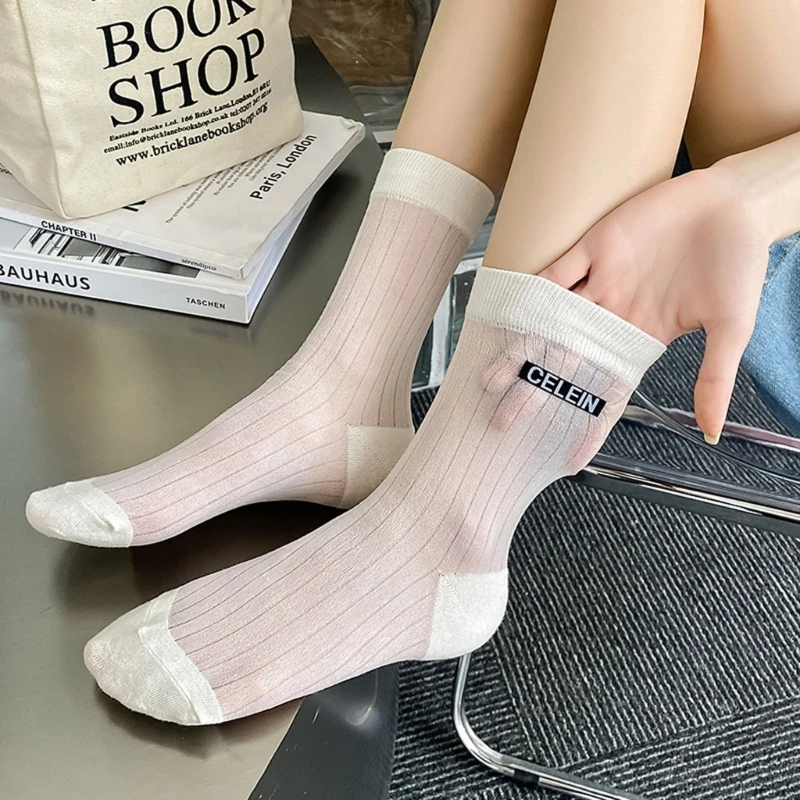 Women's Cotton Crew Socks Above Ankle Socks Lightweight Mesh Socks Over Calf Socks Casual Socks Simple Loose Socks