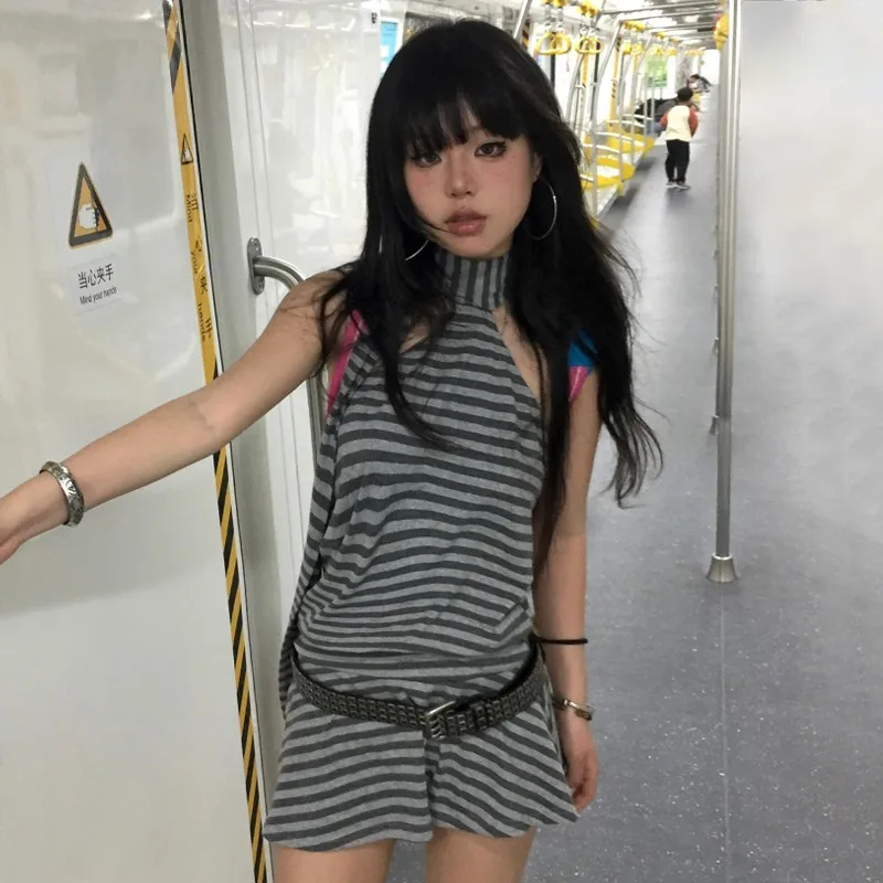 Karrram Y2k Aesthetics Halter Dress Japanese 2000s Style Grey Striped Short Dress Vintage Harajuku Backless Mini Dress Grunge