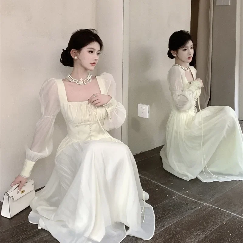 

French Elegant Lantern Sleeve Lace Up Midi Dress Spring Summer K-Pop Women Square Neck Evening Party Prom Robe Female Vestidos