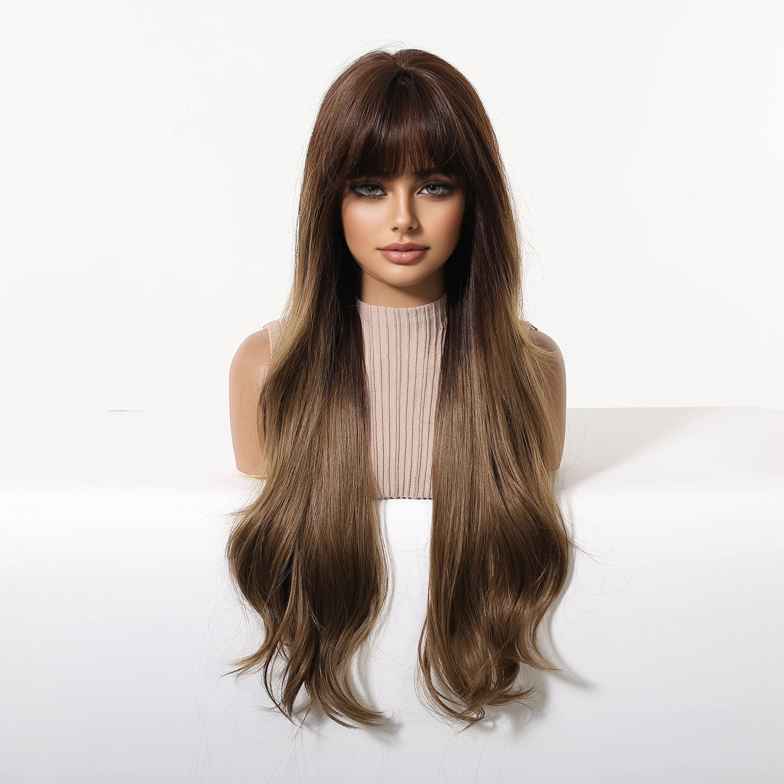 Brown Ombre Long Wavy Synthetic Wig with Bangs Heat Resistant Natural Looking Soft Hair for Women Daily Wear Party Cosplay Use