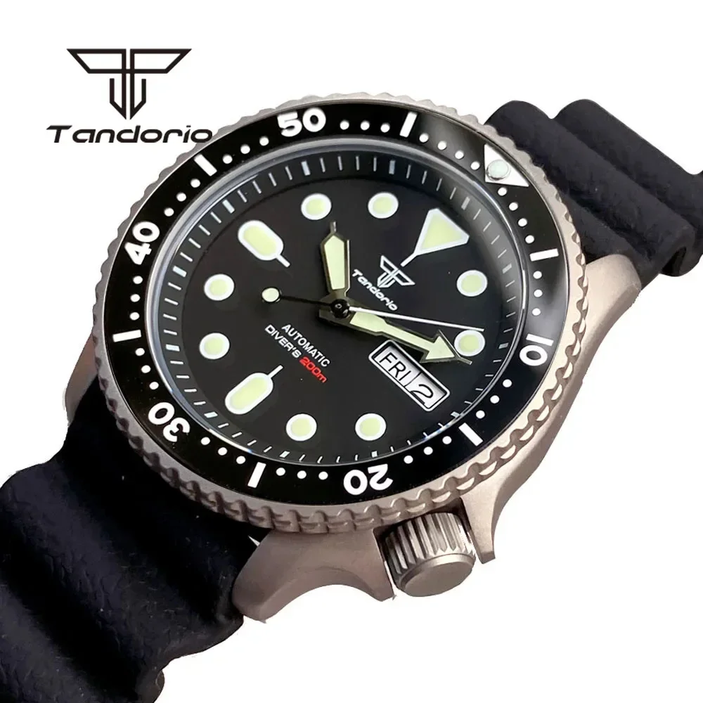 Tandorio NH36 Movement 41mm Titanium Case Date Week Display 20Bar Men\'s Automatic Dive Watch Sapphire Glass Rubber Band Luminous