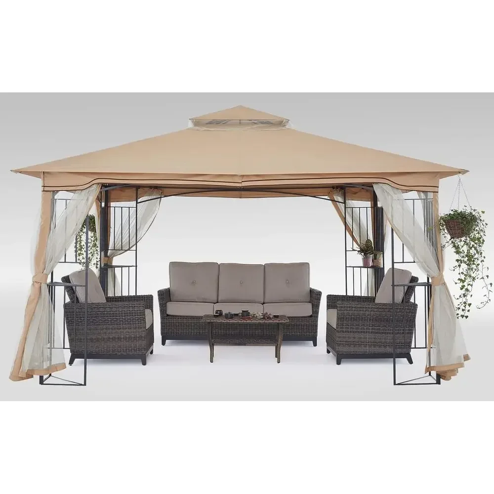 11x11 Beige Patio Gazebo with Mesh Walls for Lawn, Garden, Backyard, and Deck