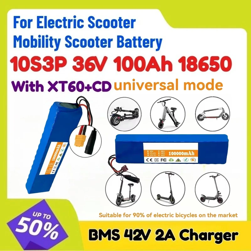 With XT60+CD 10S3P 36V 100Ah 18650 Lithium Battery BMS 42V 2A Charger for Electric Scooter Mobility Scooter Battery